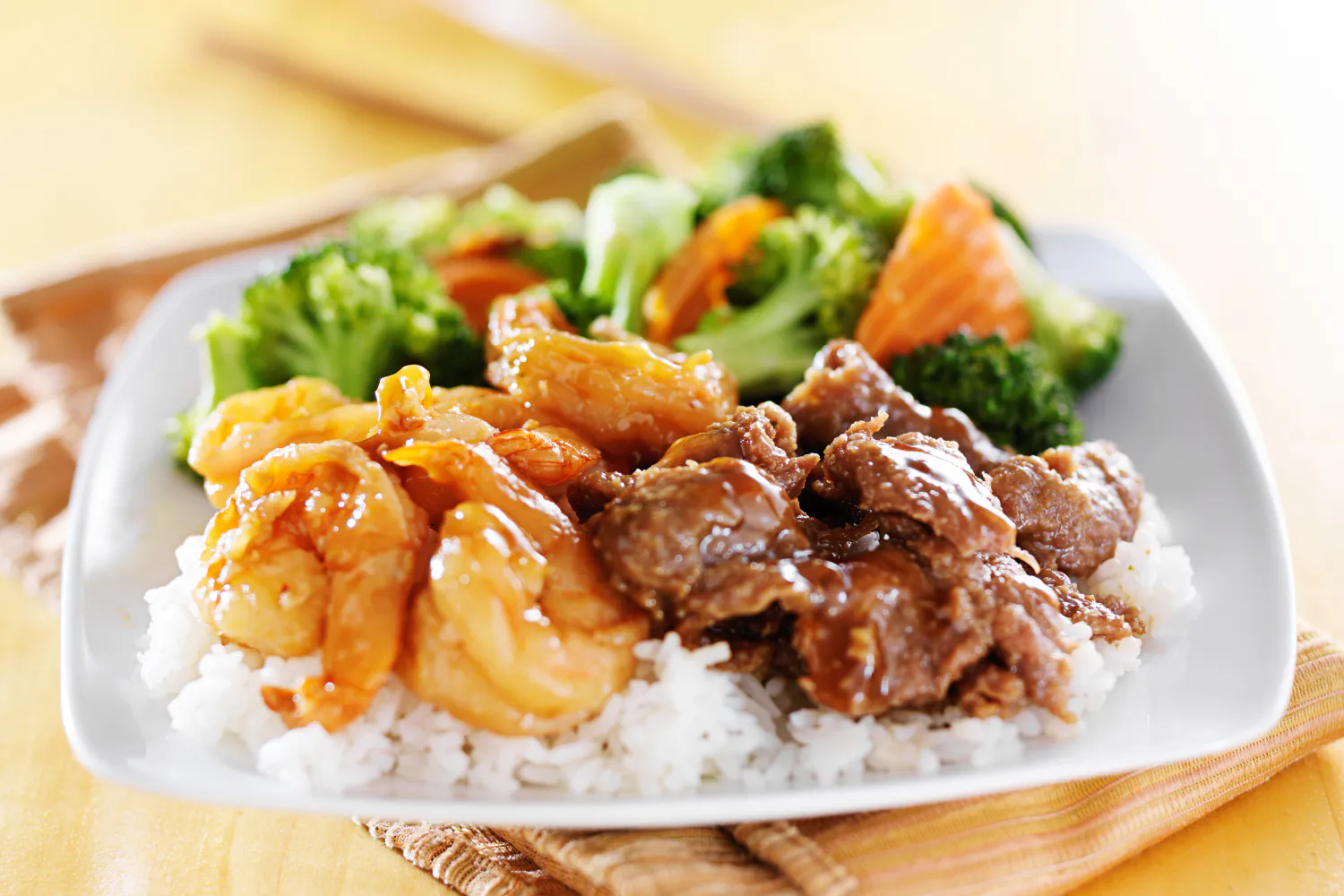 Teriyaki shrimp and beef rice bowl with broccoli at Suki Hana, a Japanese Restaurant in Moorestown